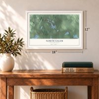 North Salem, New Hampshire map, 12 x 18 inch print in a white frame in an entryway