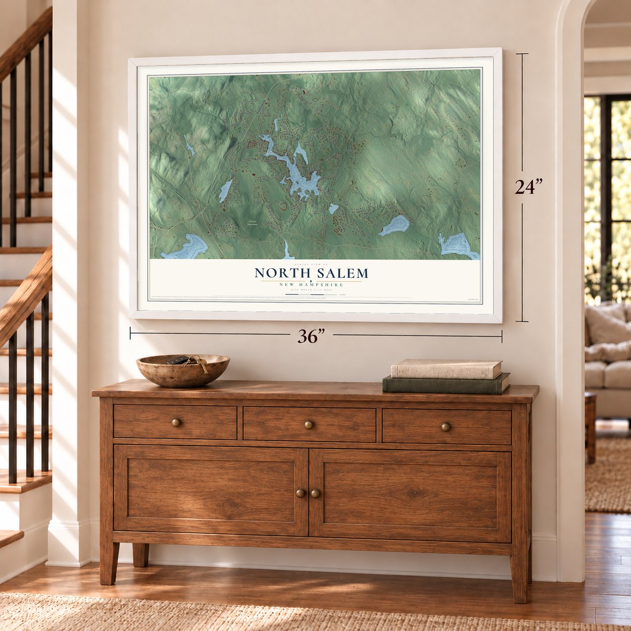 North Salem, New Hampshire map, 24 x 36 inch print in a white frame above a dresser by a staircase