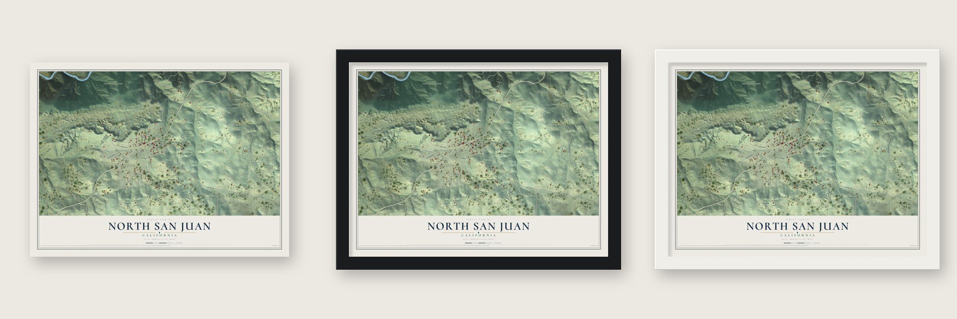 North San Juan, California map unframed, in a black wood frame and in a white wood frame