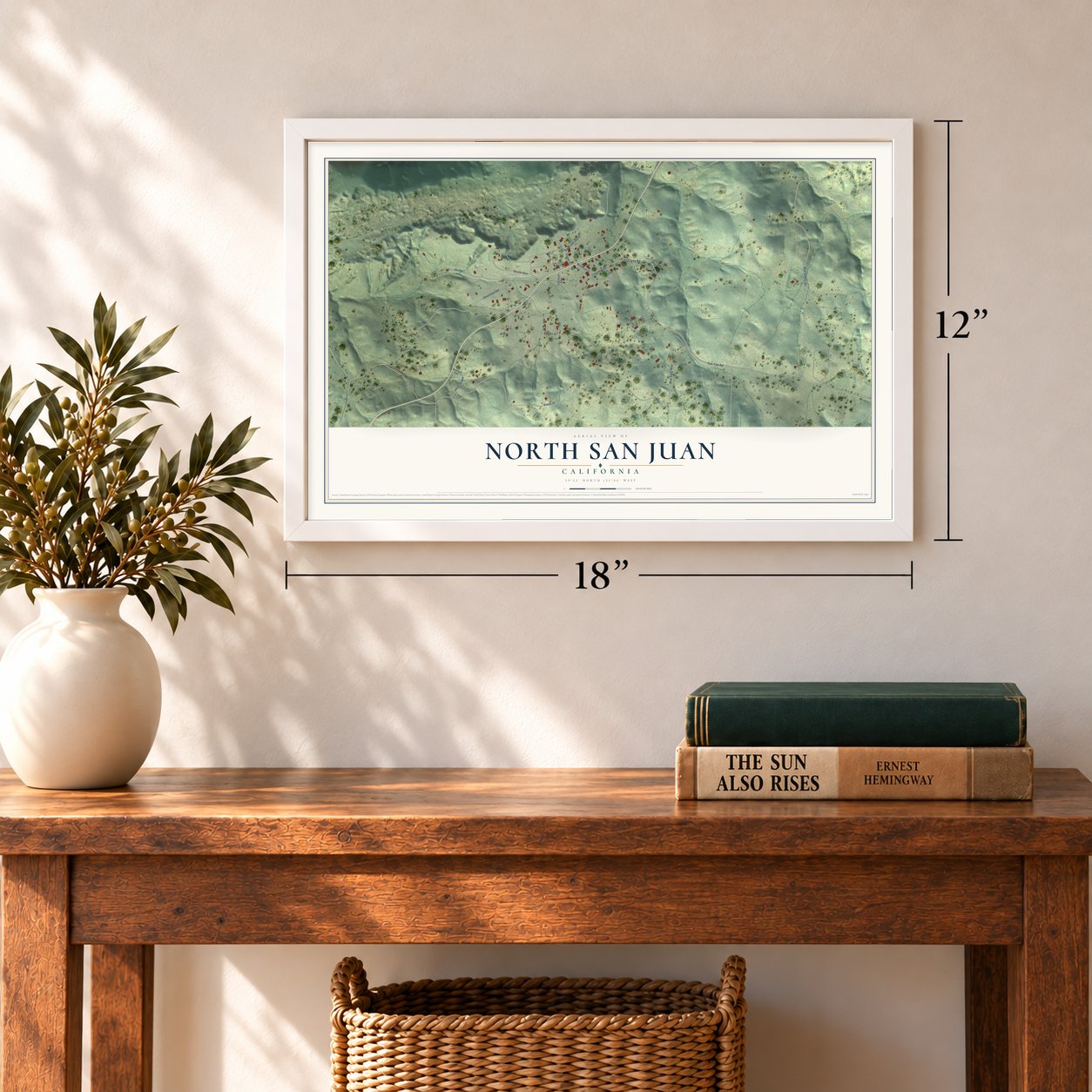 North San Juan, California map, 12 x 18 inch print in a white frame in an entryway