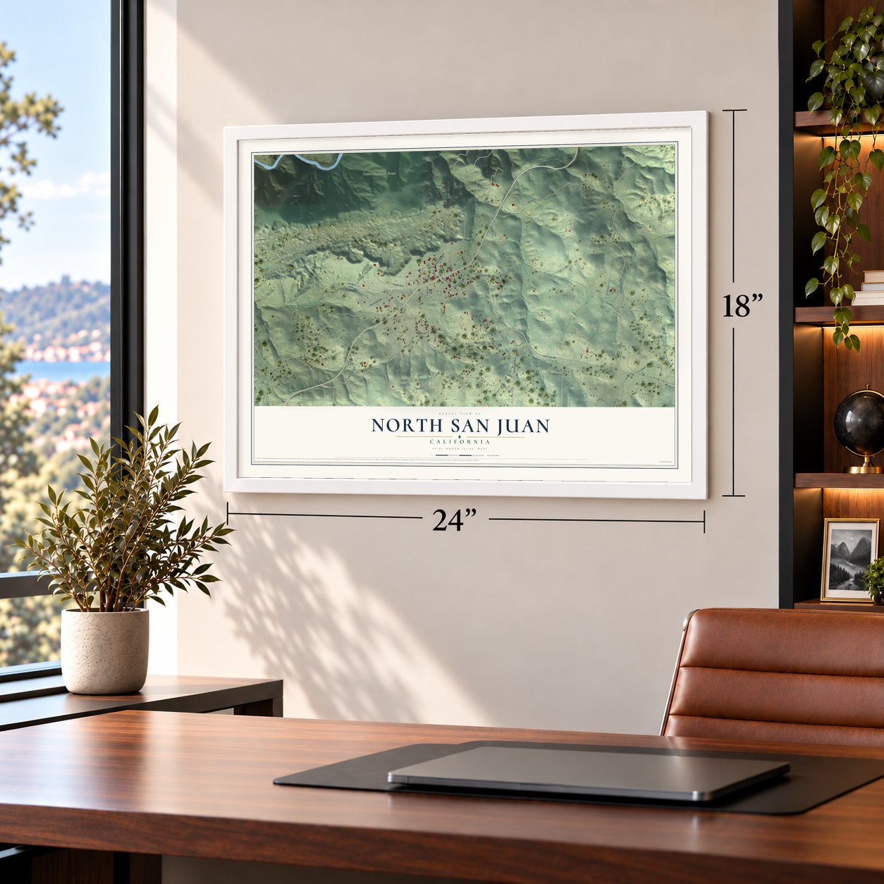 North San Juan, California map, 18 x 24 inch print in a white frame in a home office