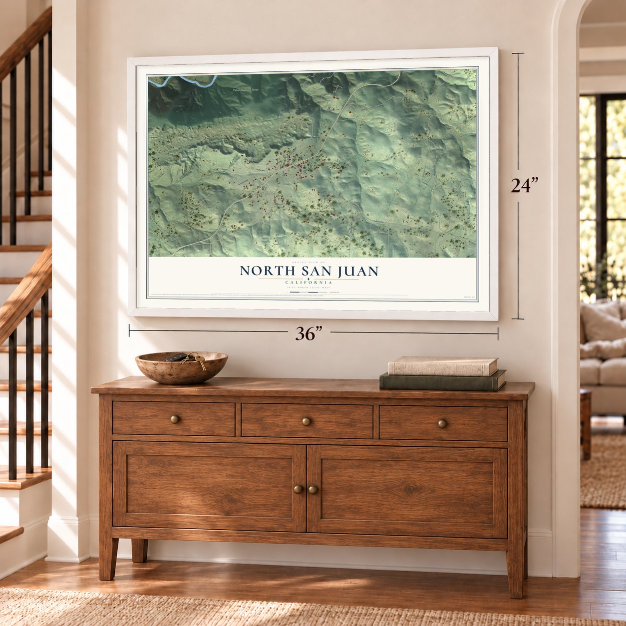 North San Juan, California map, 24 x 36 inch print in a white frame above a dresser by a staircase
