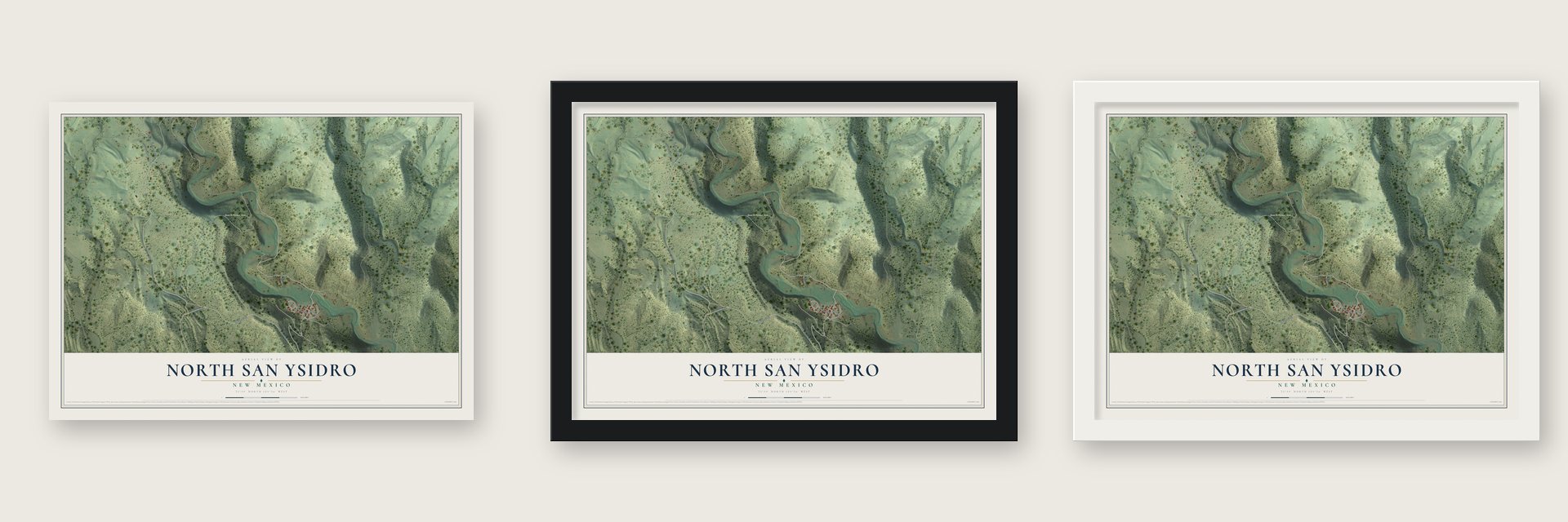 North San Ysidro, New Mexico map unframed, in a black wood frame and in a white wood frame
