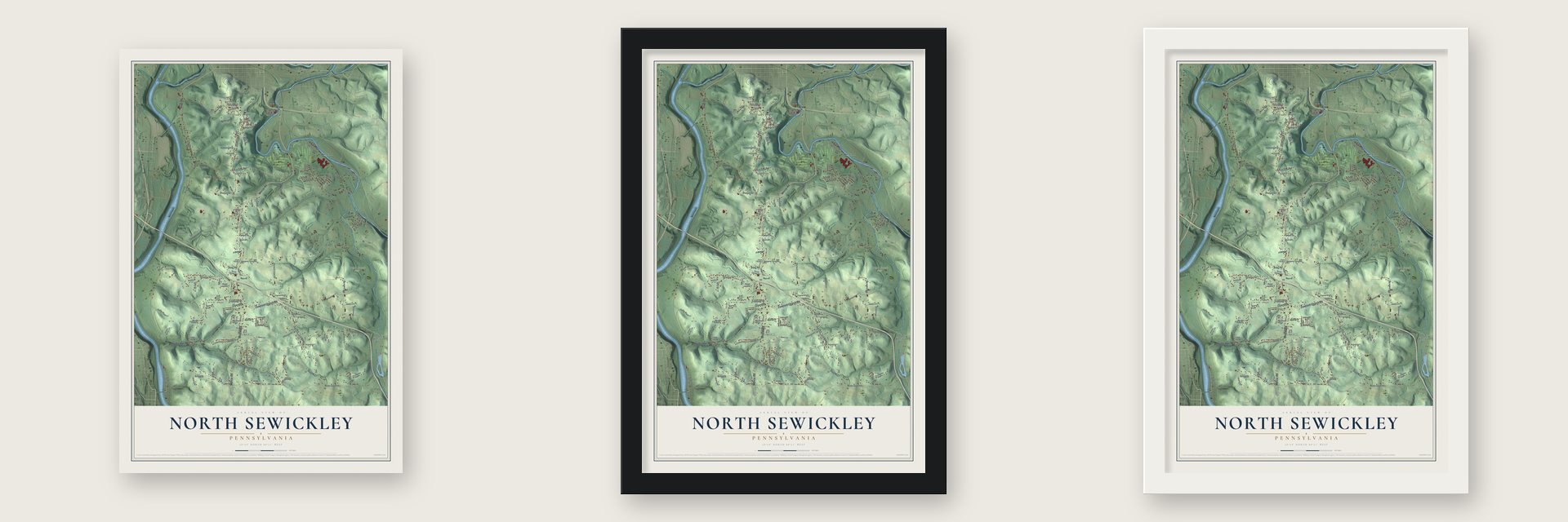 North Sewickley, Pennsylvania map unframed, in a black wood frame and in a white wood frame