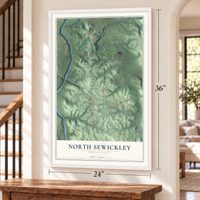 North Sewickley, Pennsylvania map, 24 x 36 inch print in a white frame by a staircase