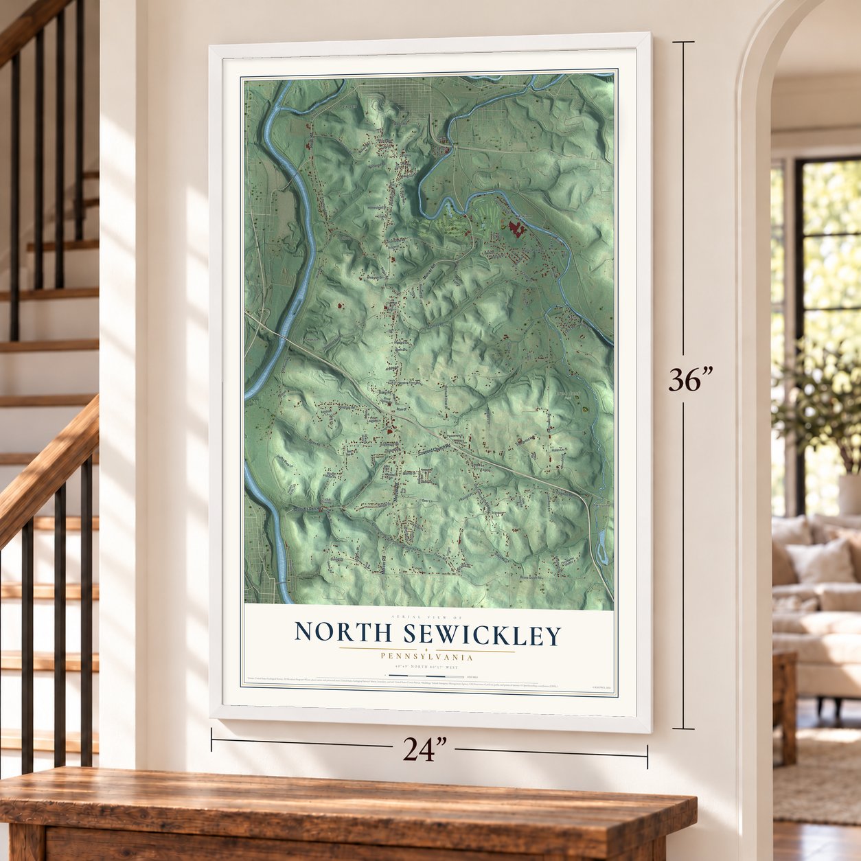 North Sewickley, Pennsylvania map, 24 x 36 inch print in a white frame by a staircase