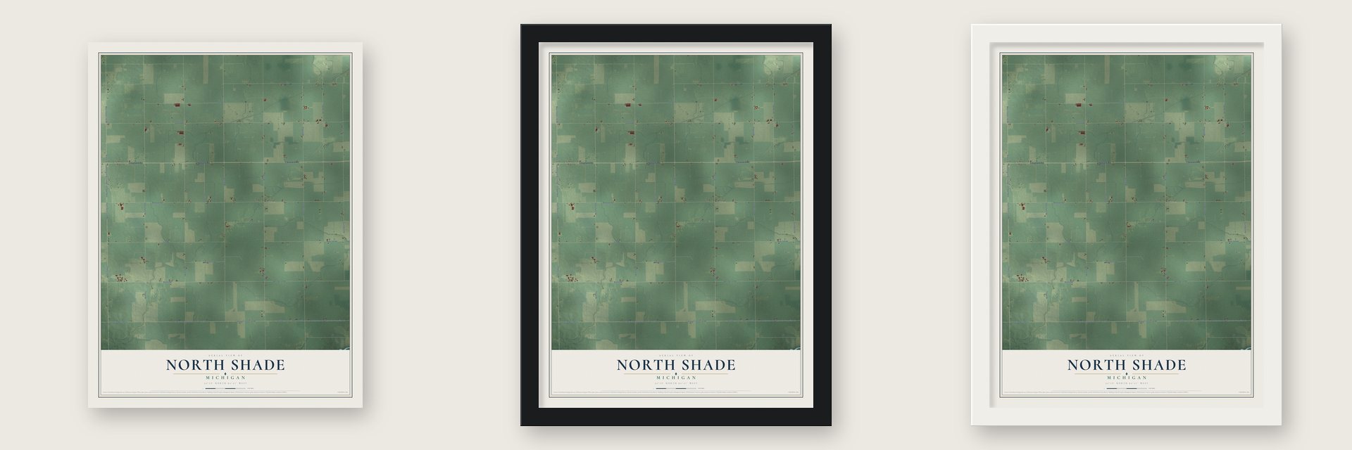 North Shade, Michigan map unframed, in a black wood frame and in a white wood frame