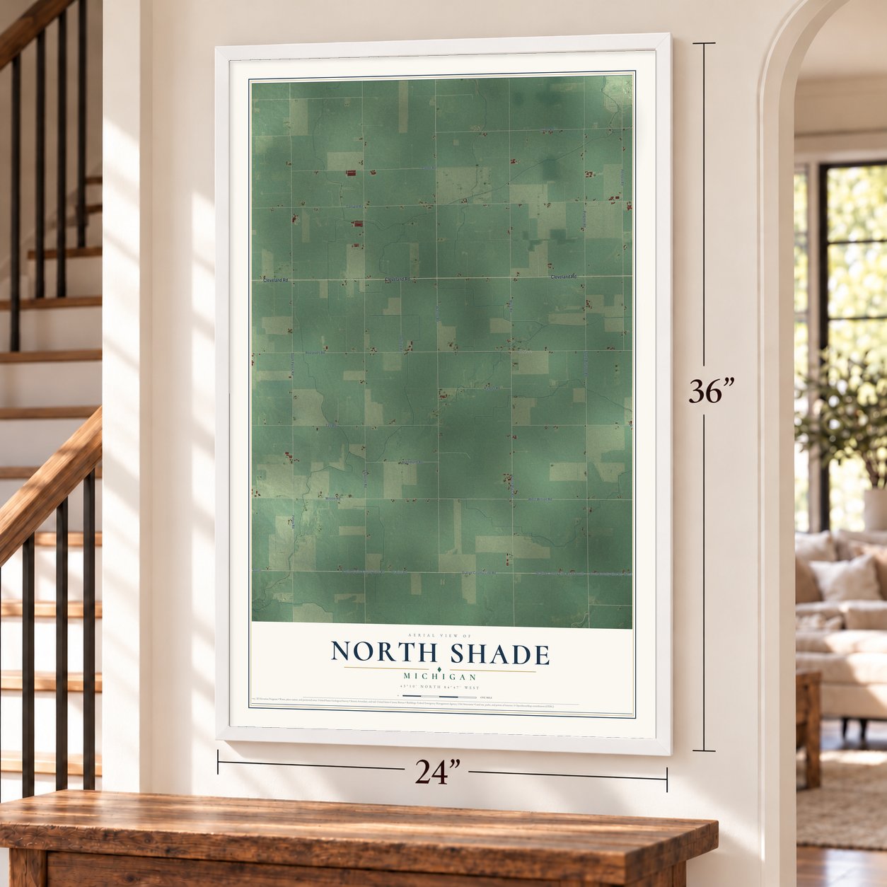 North Shade, Michigan map, 24 x 36 inch print in a white frame by a staircase