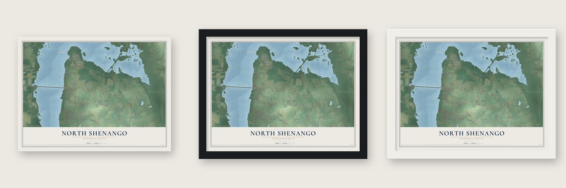 North Shenango, Pennsylvania map unframed, in a black wood frame and in a white wood frame