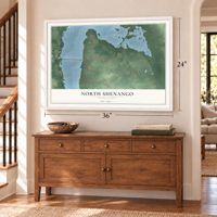 North Shenango, Pennsylvania map, 24 x 36 inch print in a white frame above a dresser by a staircase