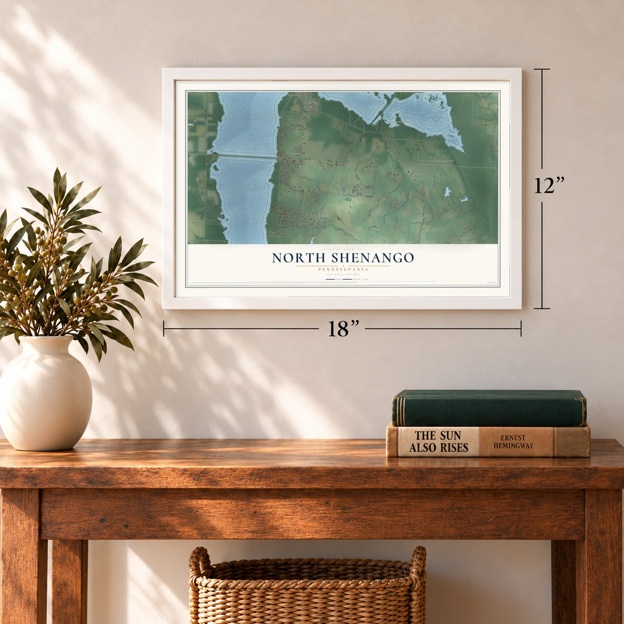 North Shenango, Pennsylvania map, 12 x 18 inch print in a white frame in an entryway