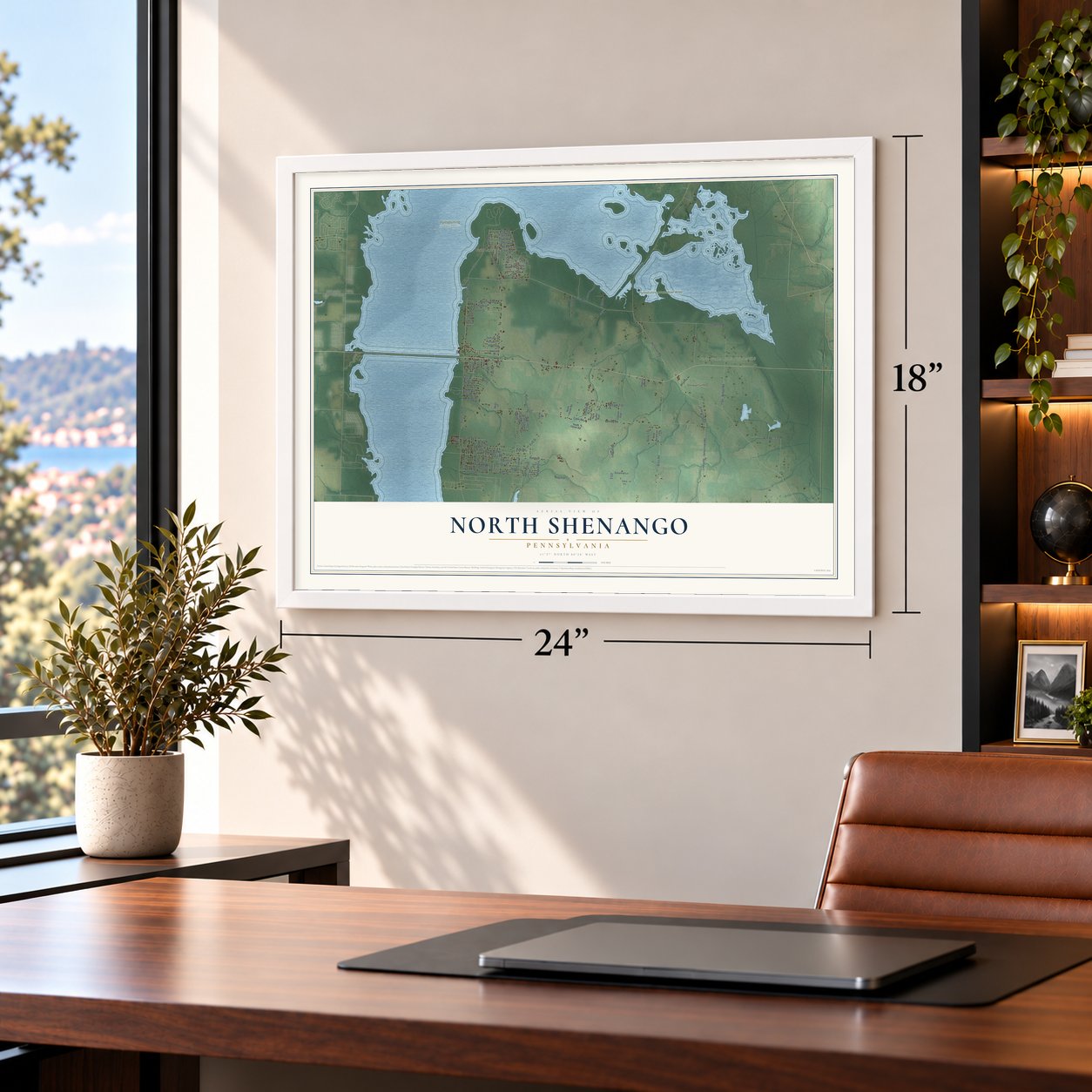 North Shenango, Pennsylvania map, 18 x 24 inch print in a white frame in a home office