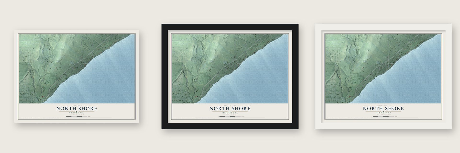 North Shore, Minnesota map unframed, in a black wood frame and in a white wood frame