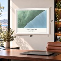 North Shore, Minnesota map, 18 x 24 inch print in a white frame in a home office