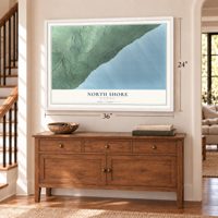 North Shore, Minnesota map, 24 x 36 inch print in a white frame above a dresser by a staircase