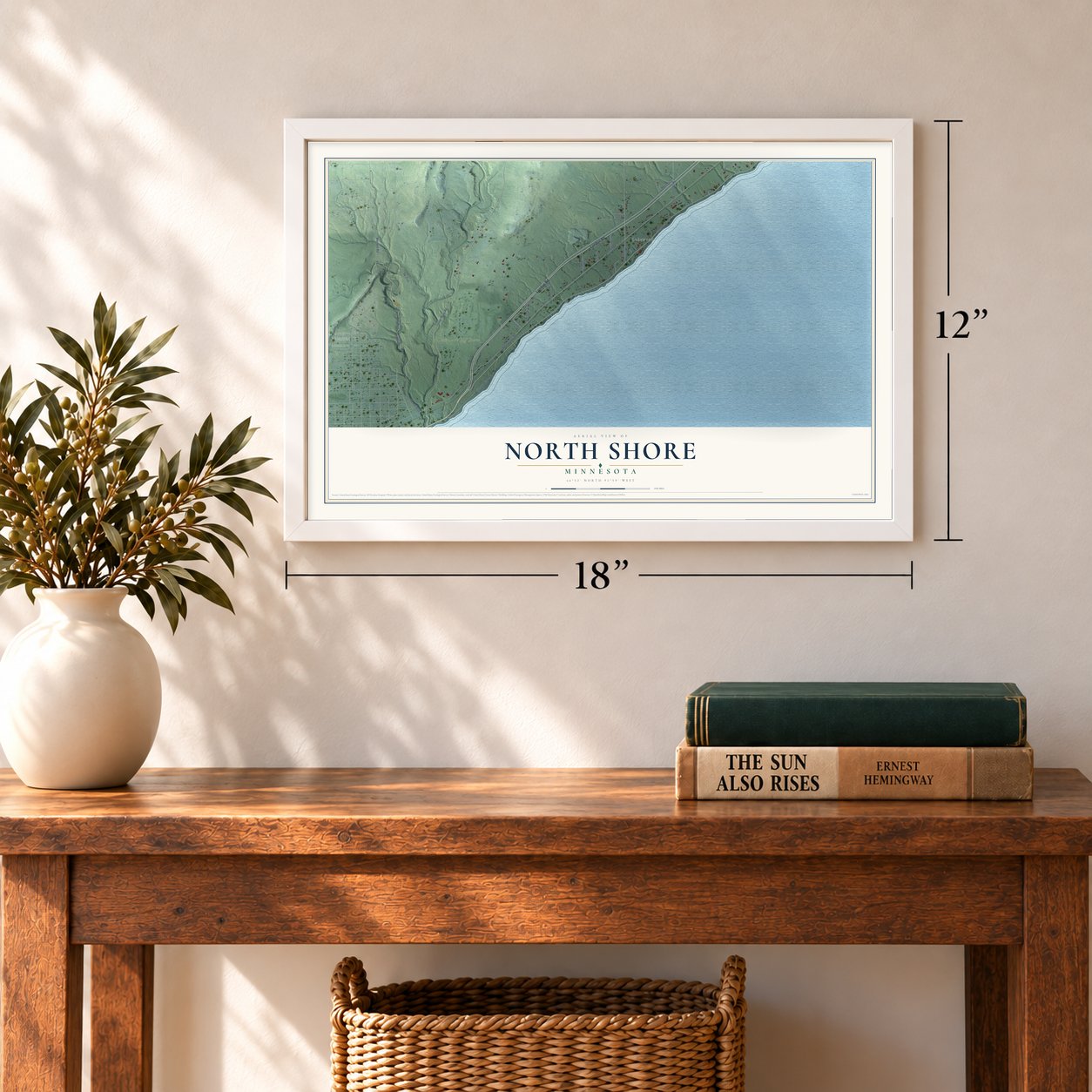 North Shore, Minnesota map, 12 x 18 inch print in a white frame in an entryway