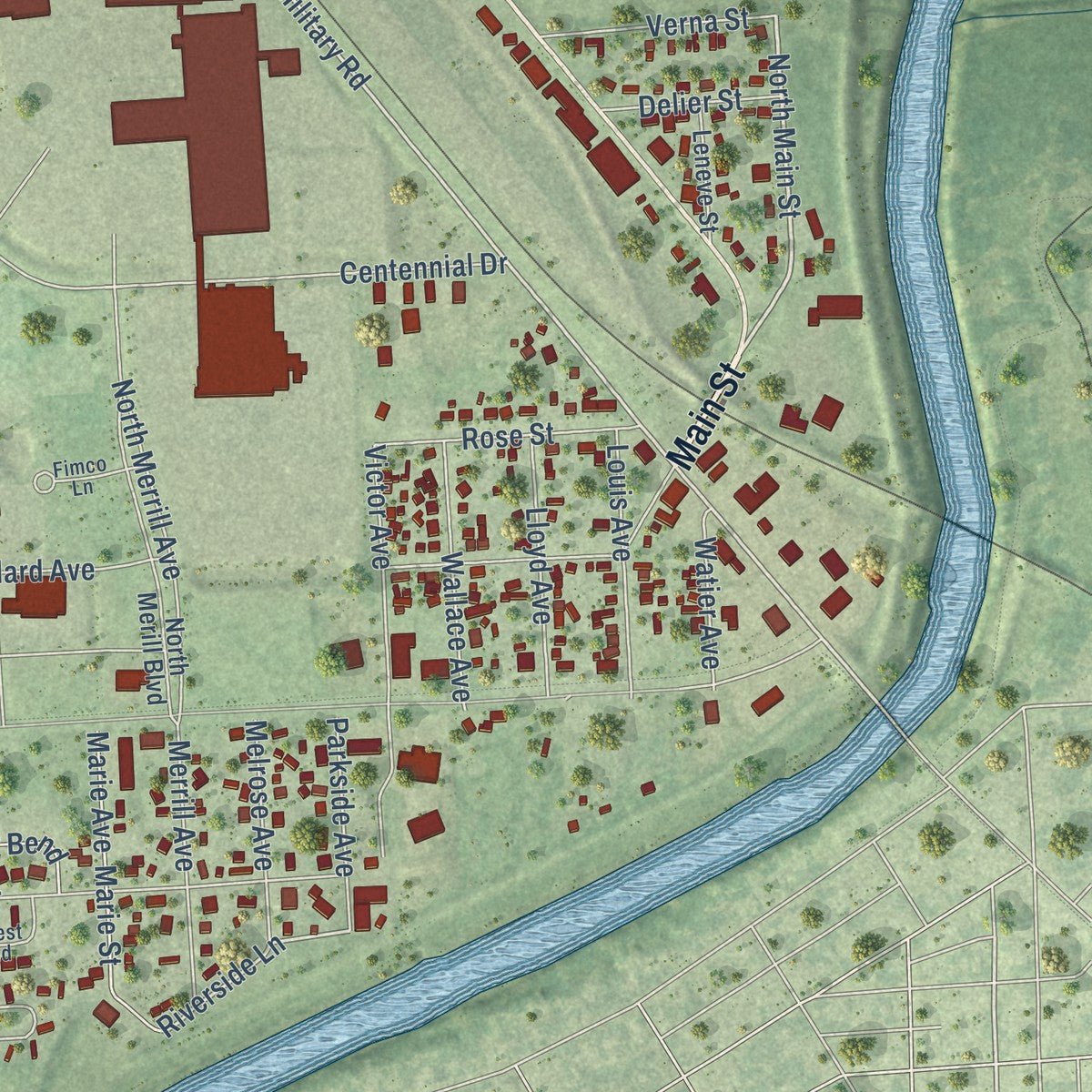 Second close-up of the map of North Sioux City, South Dakota print showing more streets and buildings