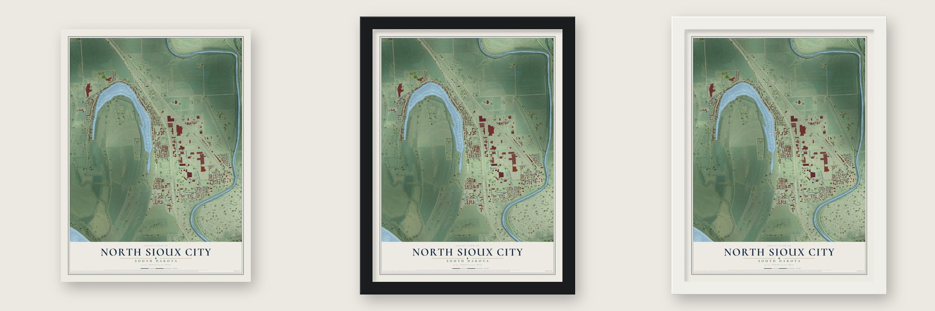 North Sioux City, South Dakota map unframed, in a black wood frame and in a white wood frame