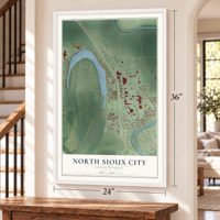 North Sioux City, South Dakota map, 24 x 36 inch print in a white frame by a staircase