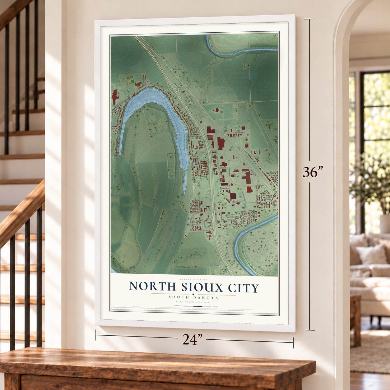 North Sioux City, South Dakota map, 24 x 36 inch print in a white frame by a staircase