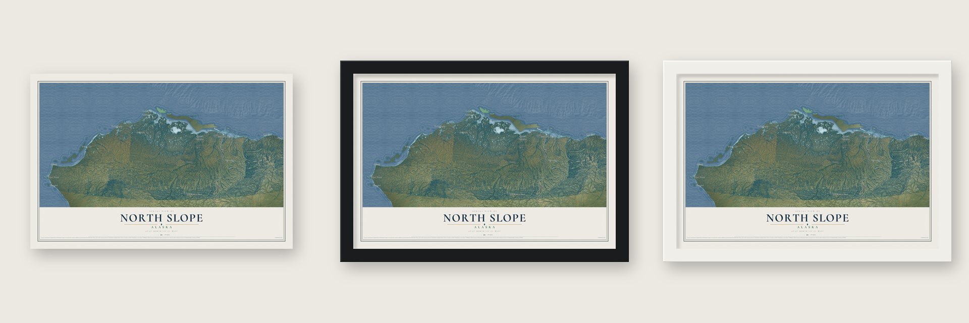 North Slope, Alaska map unframed, in a black wood frame and in a white wood frame