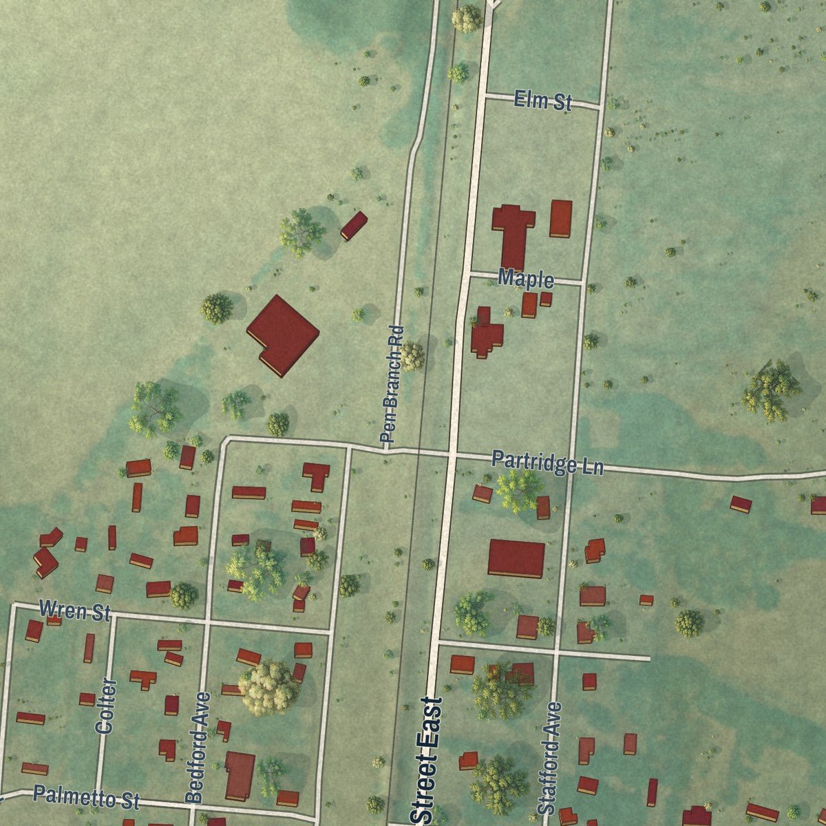 Second close-up of the map of North, South Carolina print showing more streets and buildings