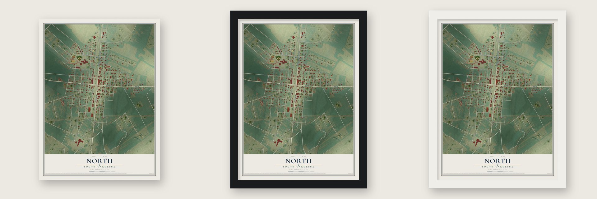 North, South Carolina map unframed, in a black wood frame and in a white wood frame