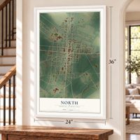 North, South Carolina map, 24 x 36 inch print in a white frame by a staircase