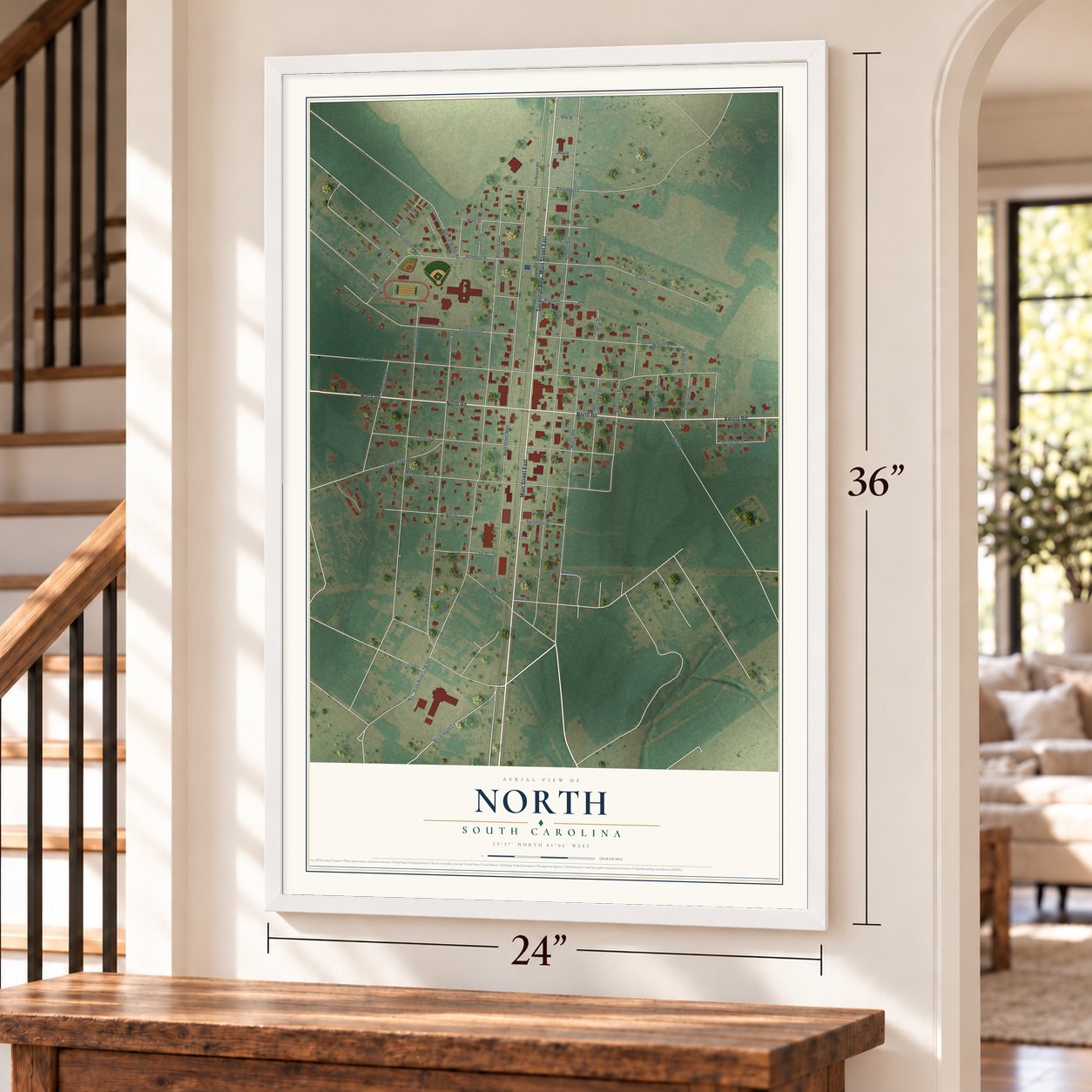 North, South Carolina map, 24 x 36 inch print in a white frame by a staircase