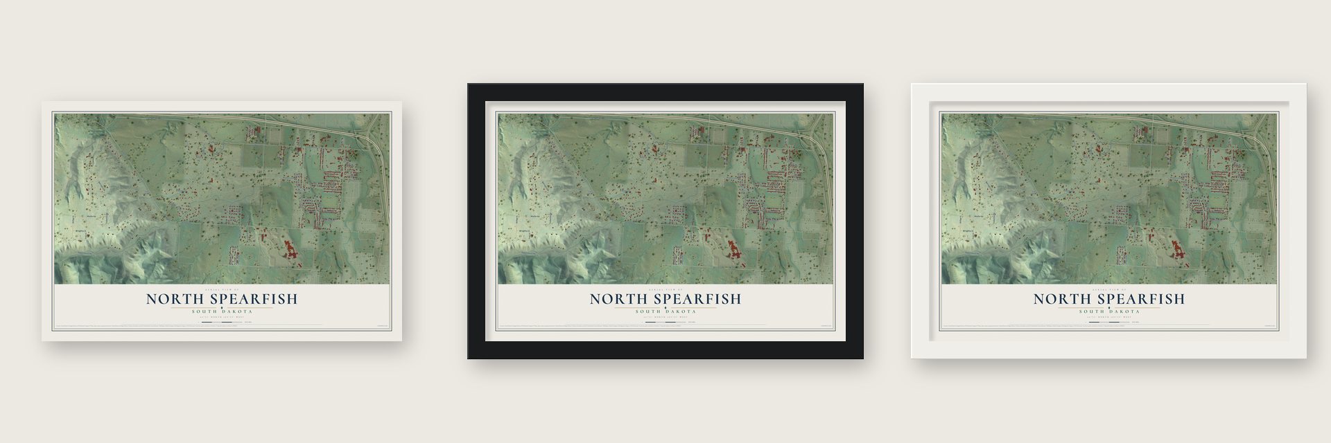 North Spearfish, South Dakota map unframed, in a black wood frame and in a white wood frame