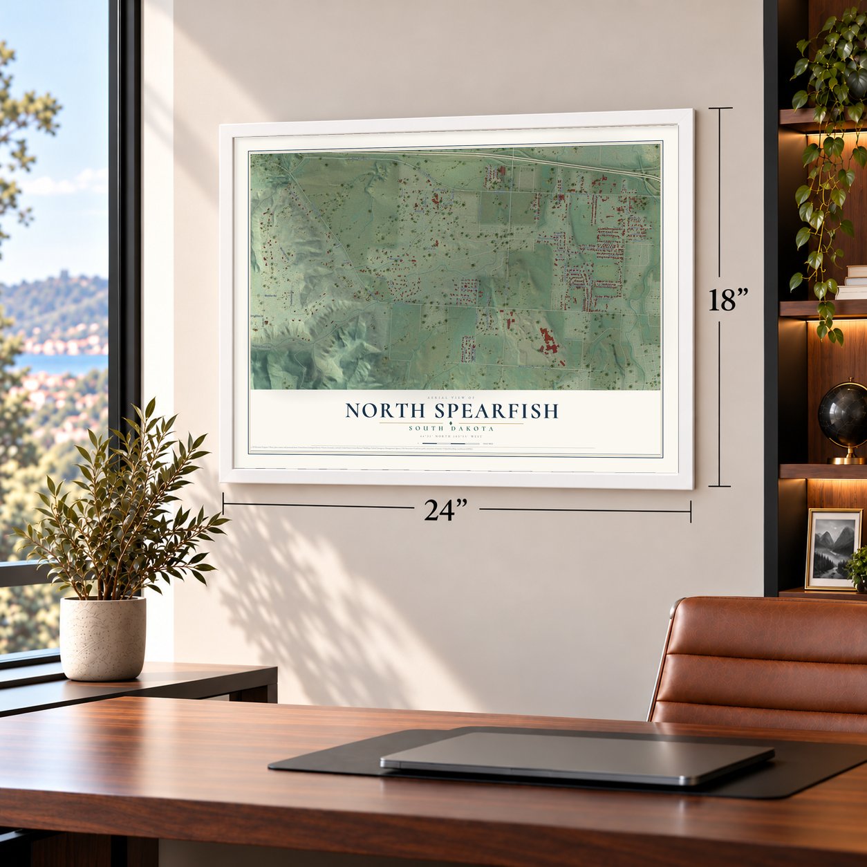 North Spearfish, South Dakota map, 18 x 24 inch print in a white frame in a home office