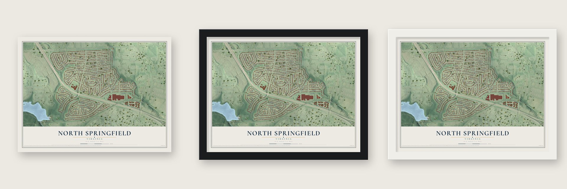 North Springfield, Virginia map unframed, in a black wood frame and in a white wood frame