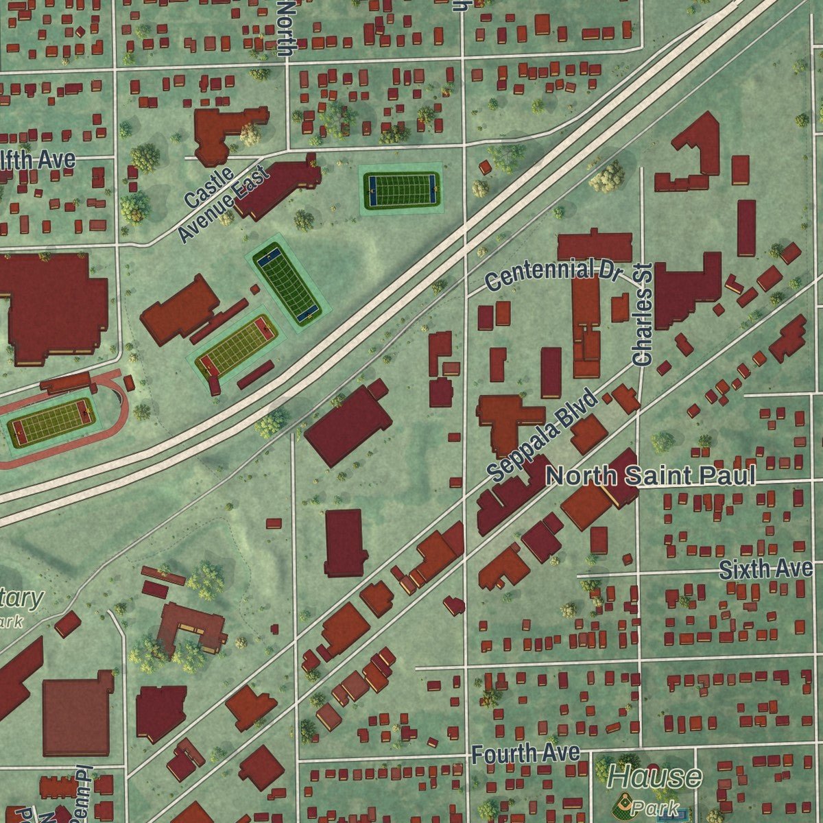Second close-up of the map of North St. Paul, Minnesota print showing more streets and buildings