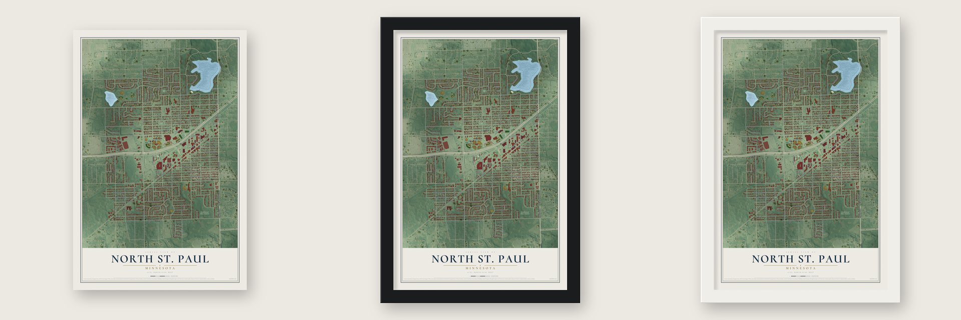 North St. Paul, Minnesota map unframed, in a black wood frame and in a white wood frame
