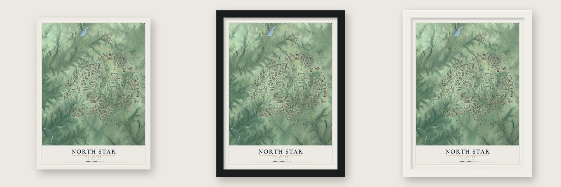 North Star, Delaware map unframed, in a black wood frame and in a white wood frame