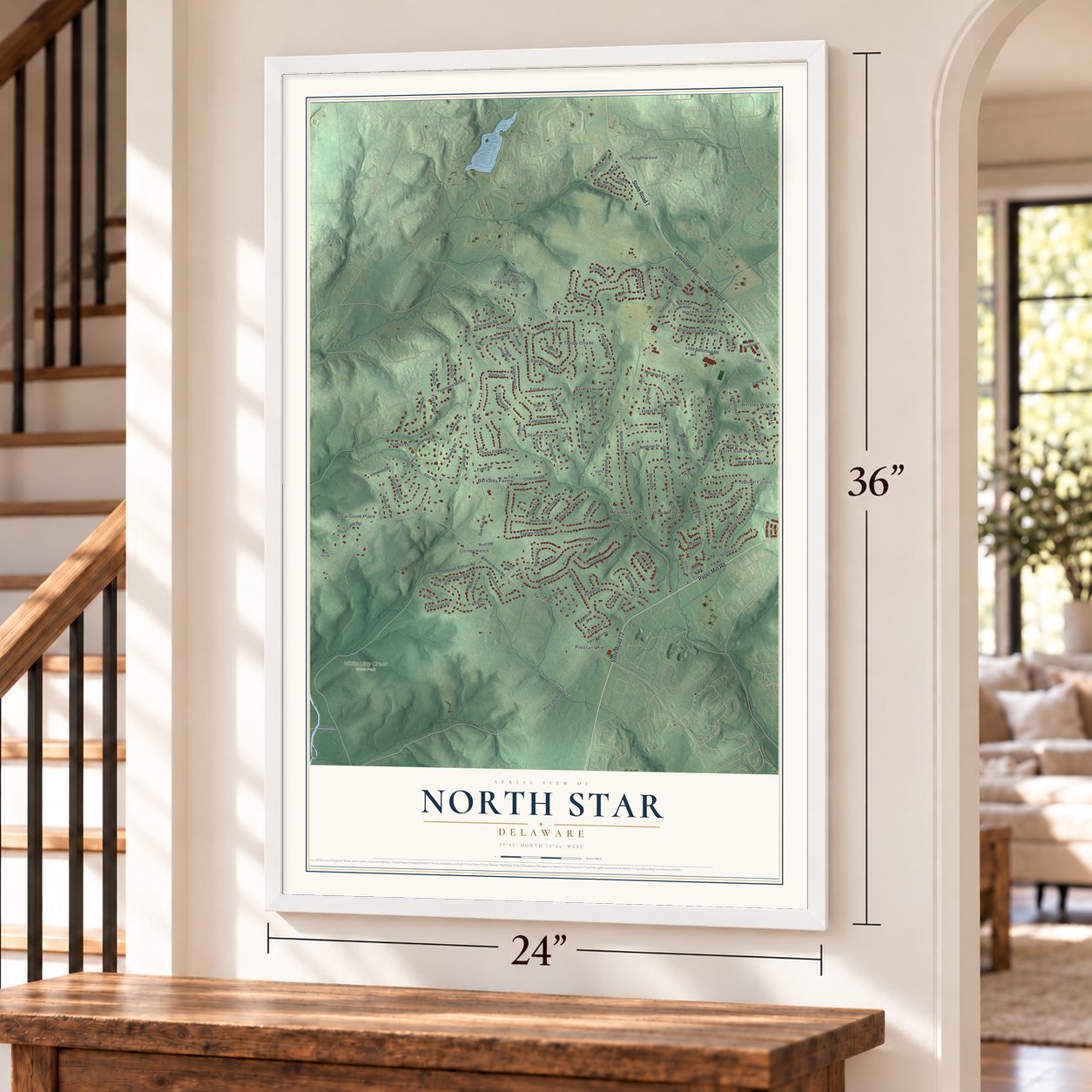 North Star, Delaware map, 24 x 36 inch print in a white frame by a staircase