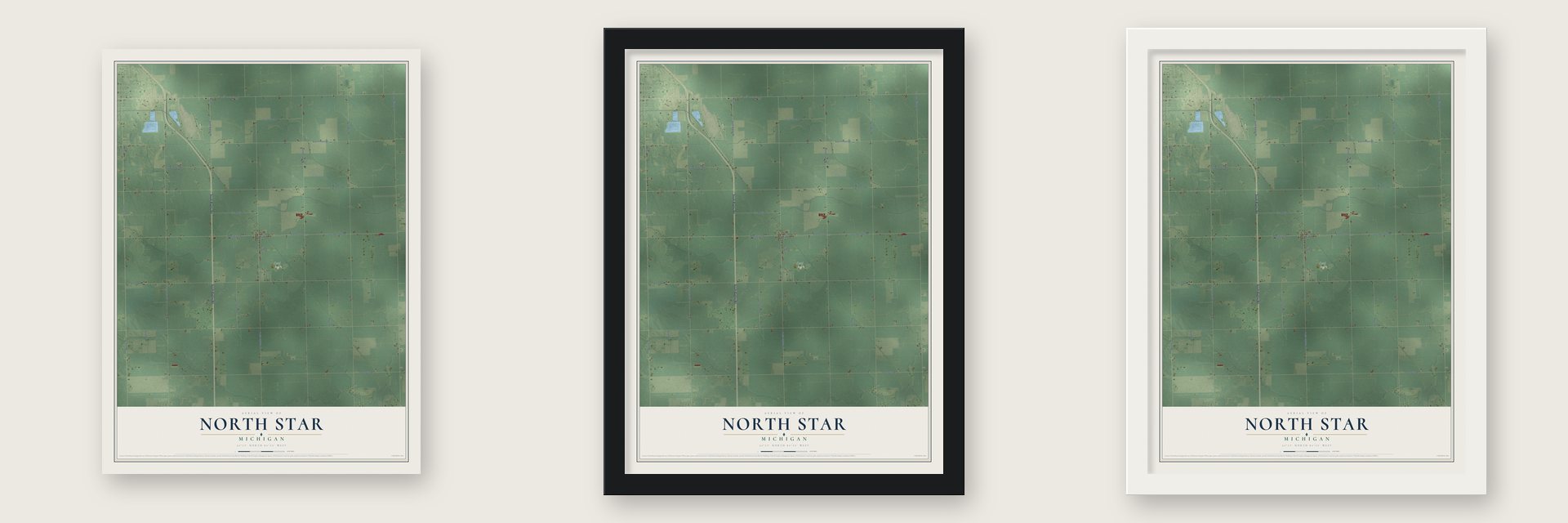 North Star, Michigan map unframed, in a black wood frame and in a white wood frame