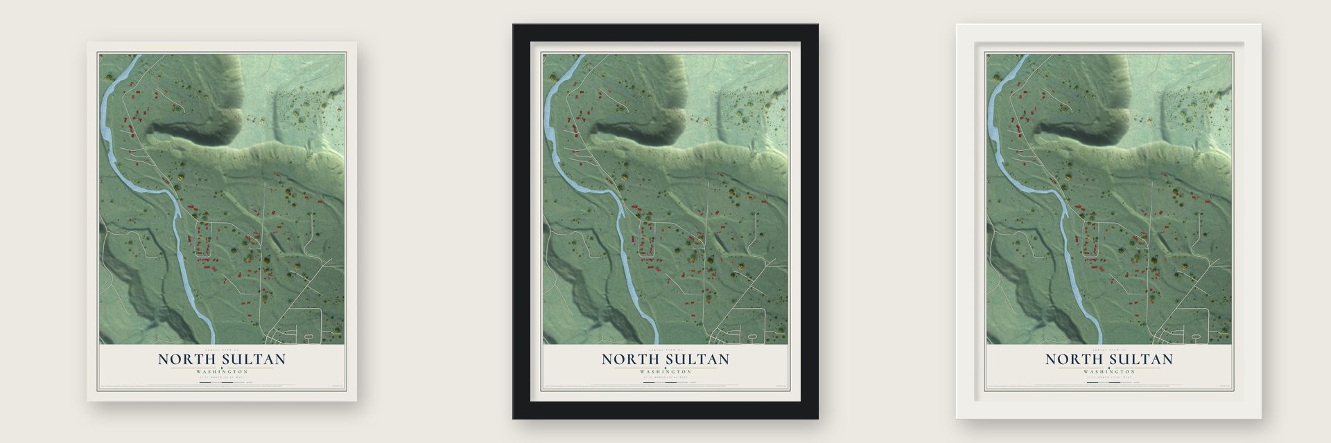 North Sultan, Washington map unframed, in a black wood frame and in a white wood frame