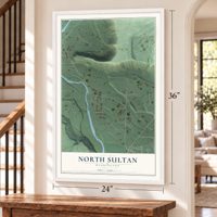 North Sultan, Washington map, 24 x 36 inch print in a white frame by a staircase