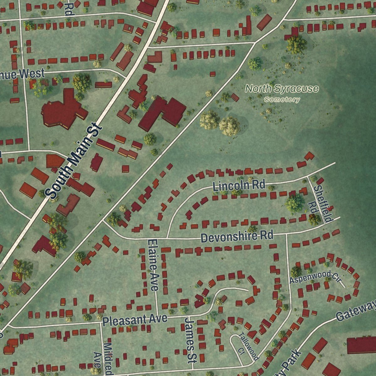 Second close-up of the map of North Syracuse, New York print showing more streets and buildings