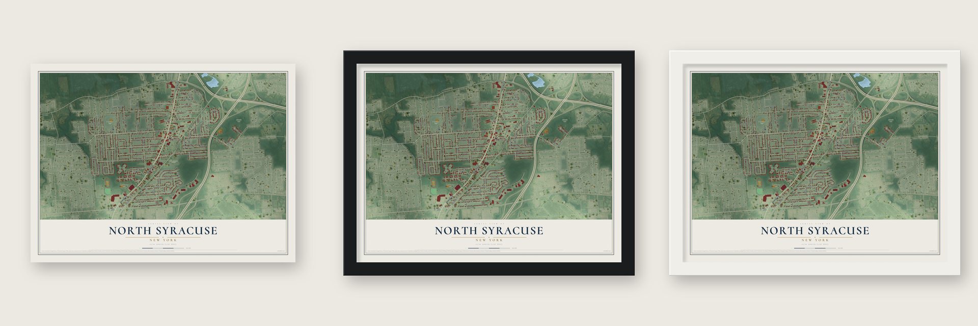 North Syracuse, New York map unframed, in a black wood frame and in a white wood frame