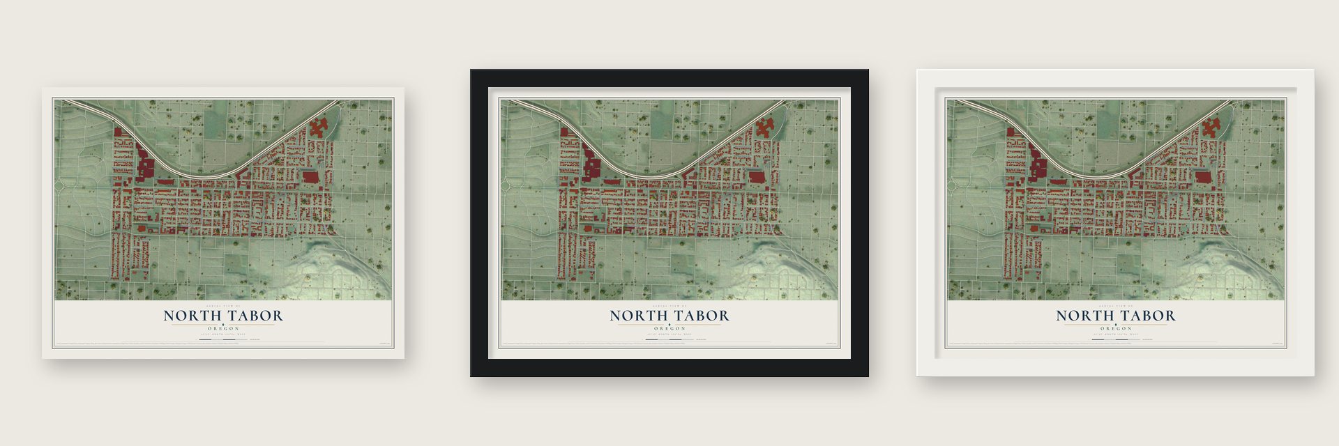 North Tabor, Oregon map unframed, in a black wood frame and in a white wood frame