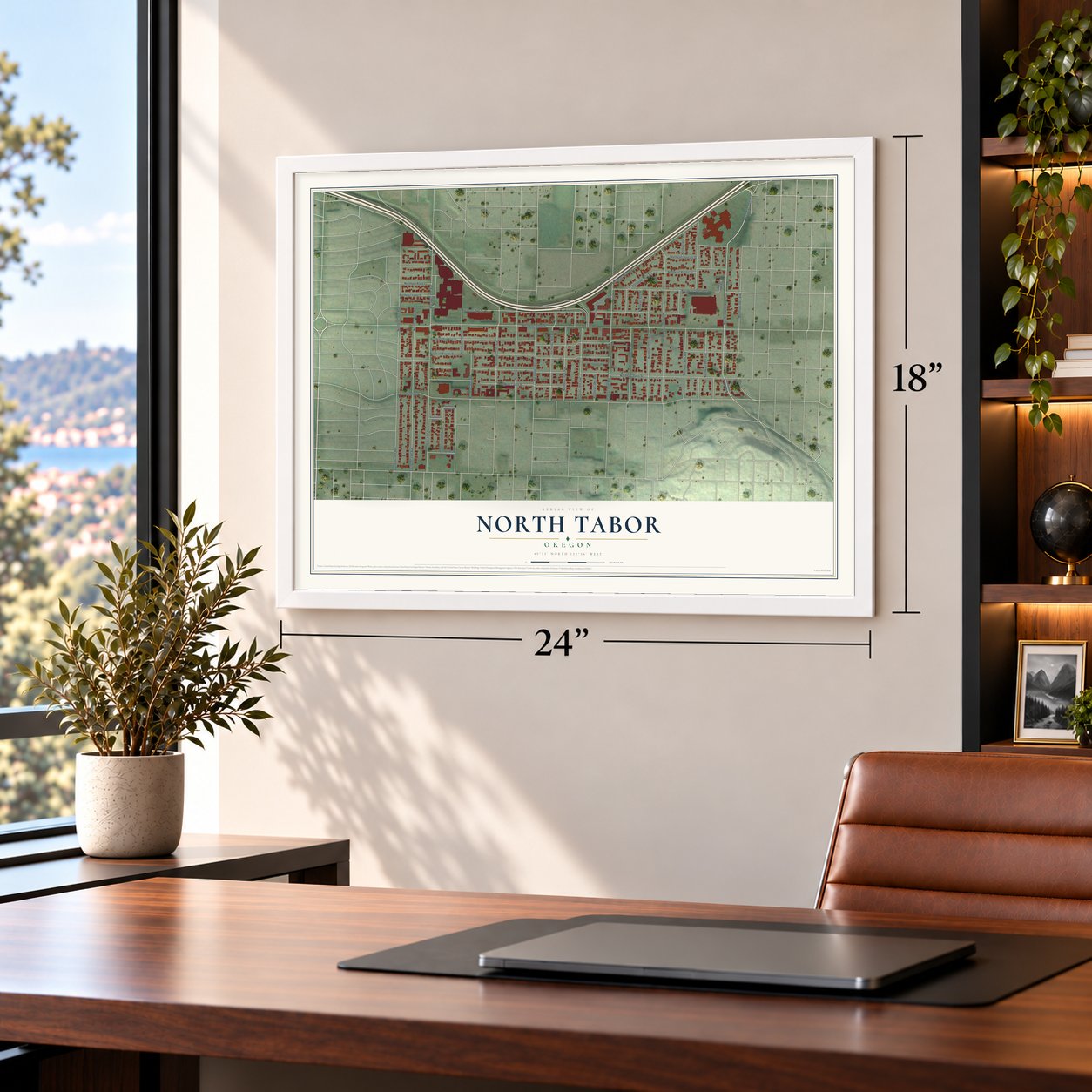 North Tabor, Oregon map, 18 x 24 inch print in a white frame in a home office