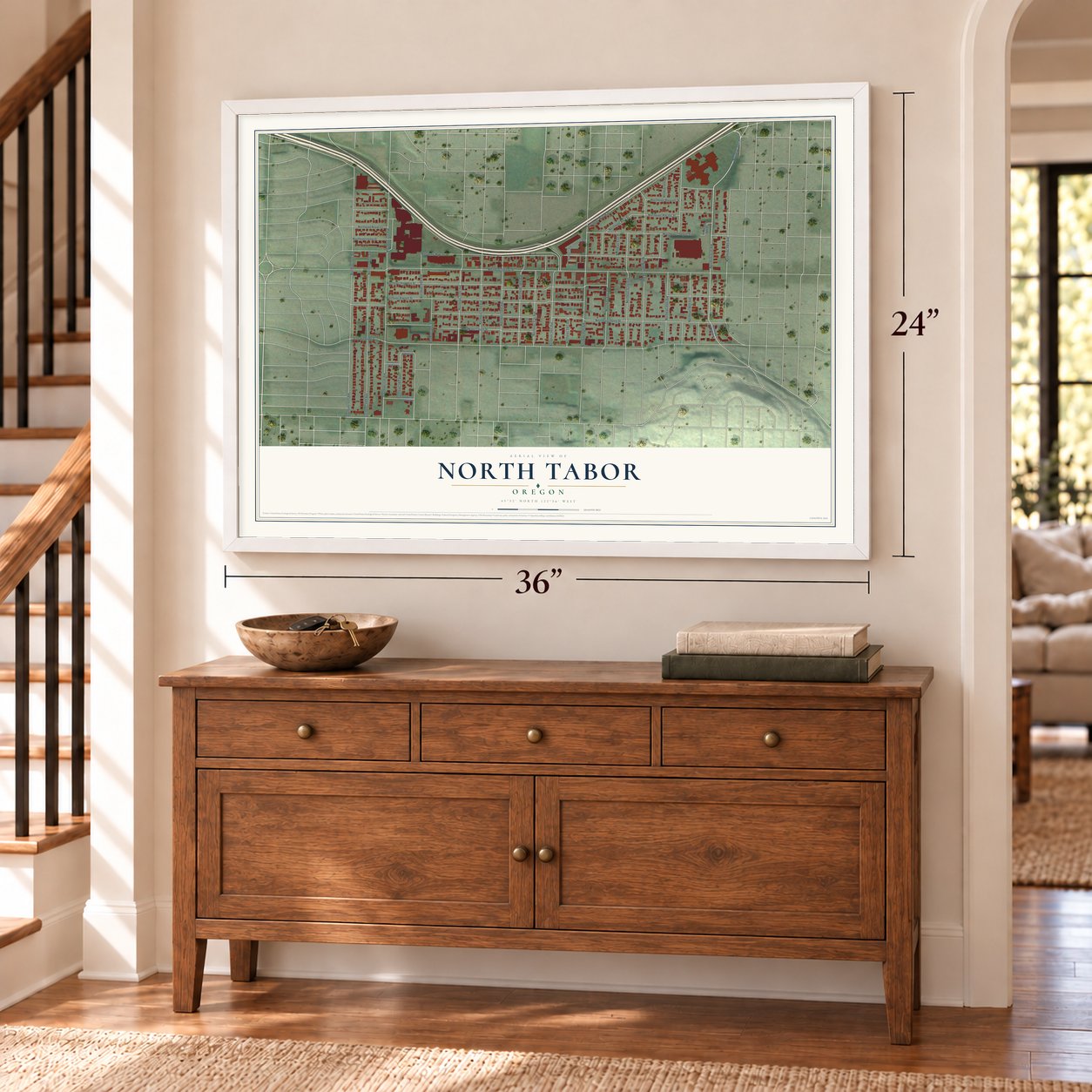 North Tabor, Oregon map, 24 x 36 inch print in a white frame above a dresser by a staircase