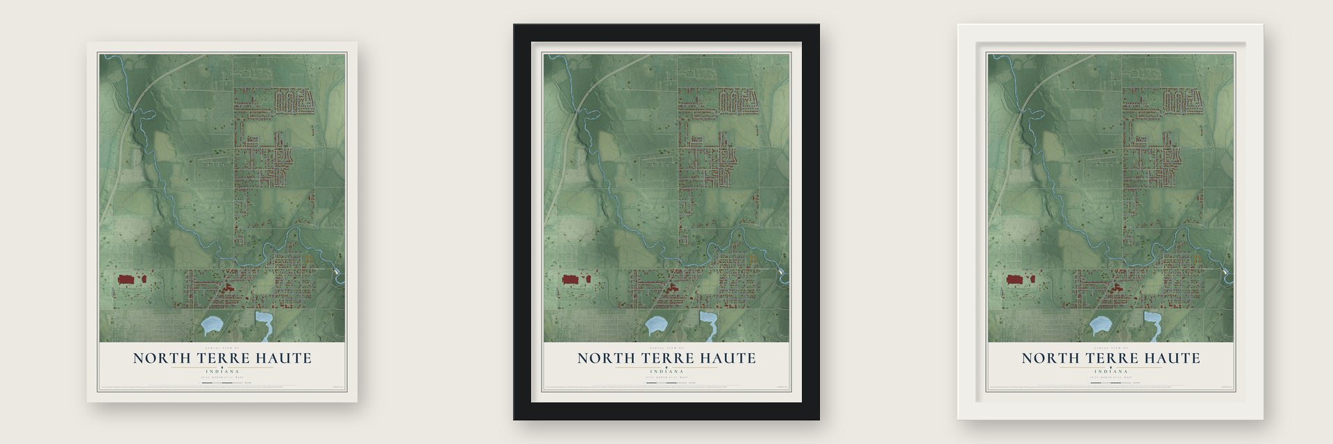 North Terre Haute, Indiana map unframed, in a black wood frame and in a white wood frame