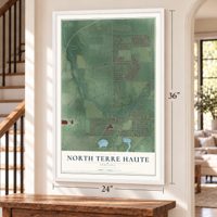 North Terre Haute, Indiana map, 24 x 36 inch print in a white frame by a staircase