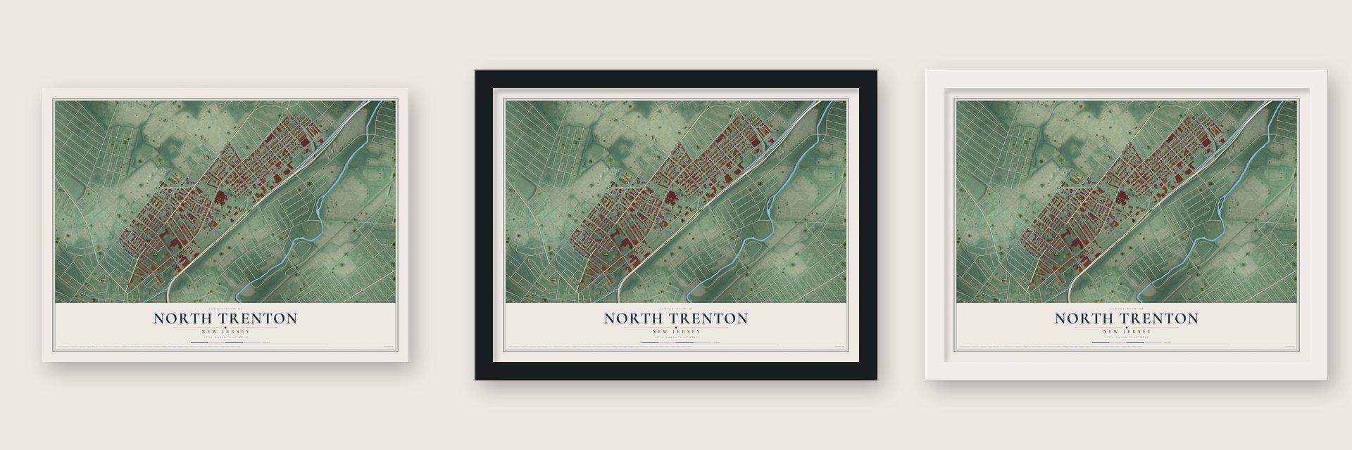 North Trenton, New Jersey map unframed, in a black wood frame and in a white wood frame