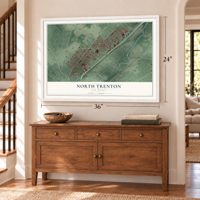 North Trenton, New Jersey map, 24 x 36 inch print in a white frame above a dresser by a staircase