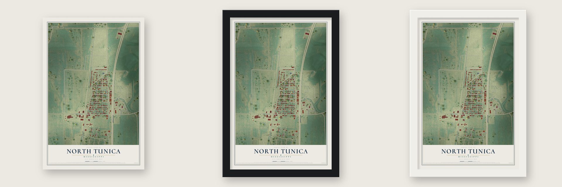 North Tunica, Mississippi map unframed, in a black wood frame and in a white wood frame