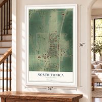 North Tunica, Mississippi map, 24 x 36 inch print in a white frame by a staircase